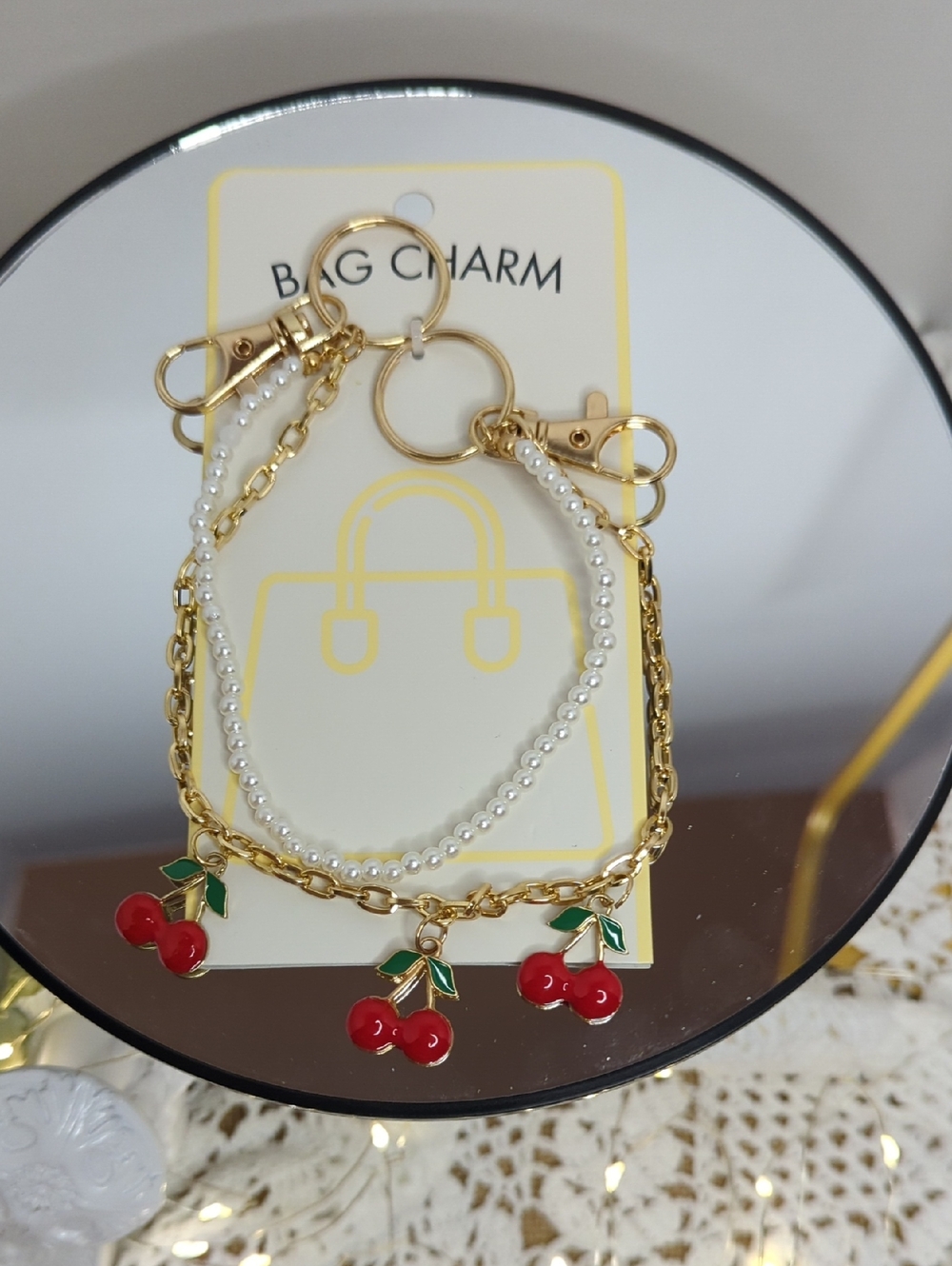 Gold Cherry Bag Charm Keychain with Pearls